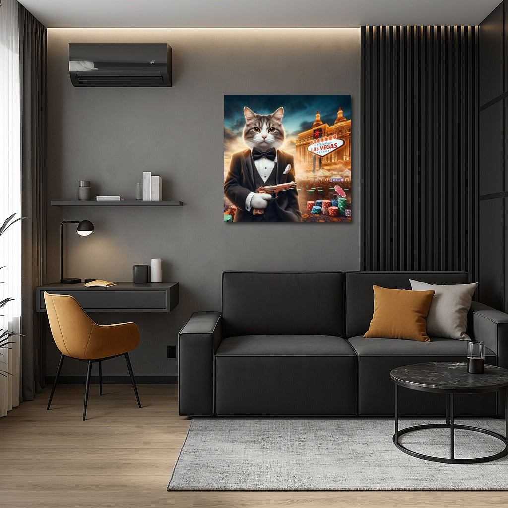 Bengal Agent 007: Cat in Tuxedo with Gun on Casino Backdrop