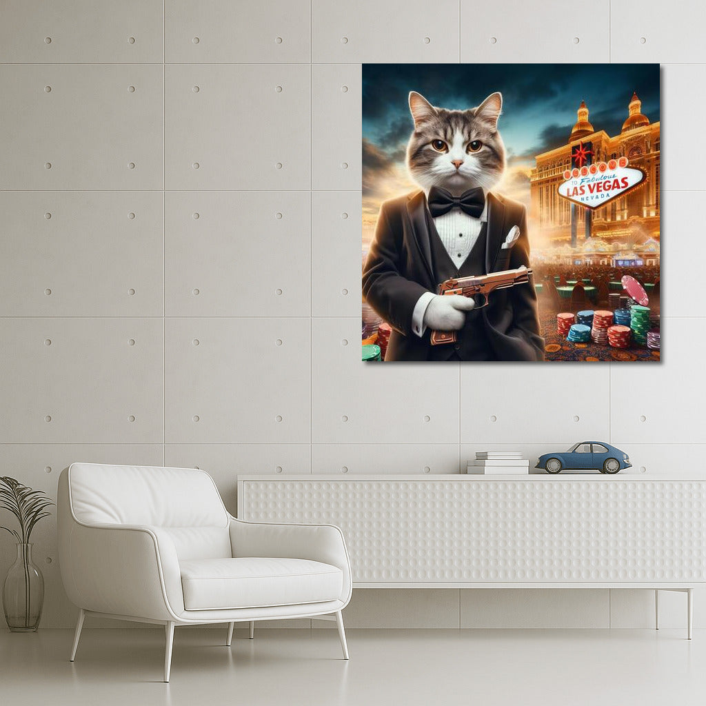 Bengal Agent 007: Cat in Tuxedo with Gun on Casino Backdrop