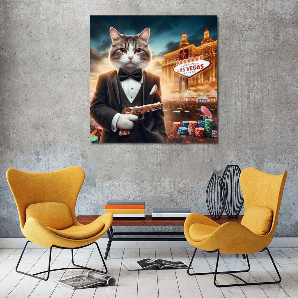 Bengal Agent 007: Cat in Tuxedo with Gun on Casino Backdrop