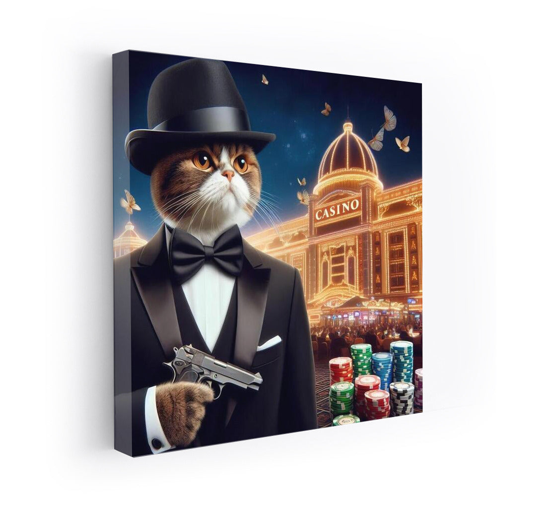 Bengal James Bond: Cat in a Tuxedo with a Gun in a Casino Backdrop