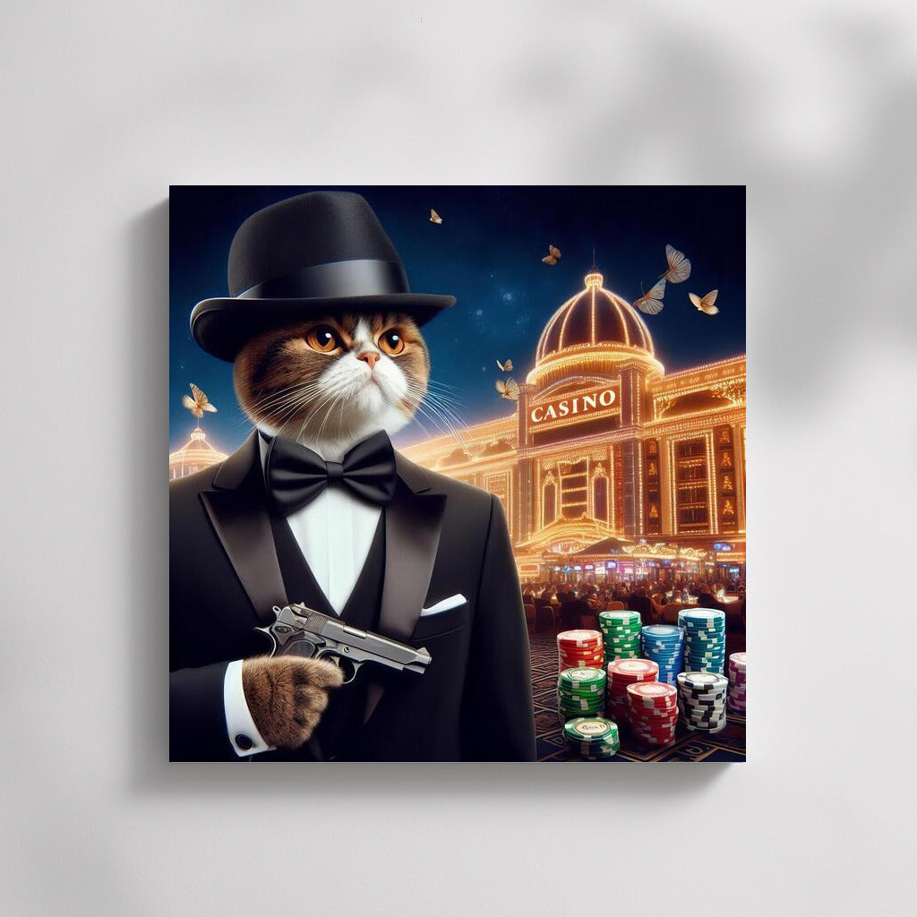 Bengal James Bond: Cat in a Tuxedo with a Gun in a Casino Backdrop