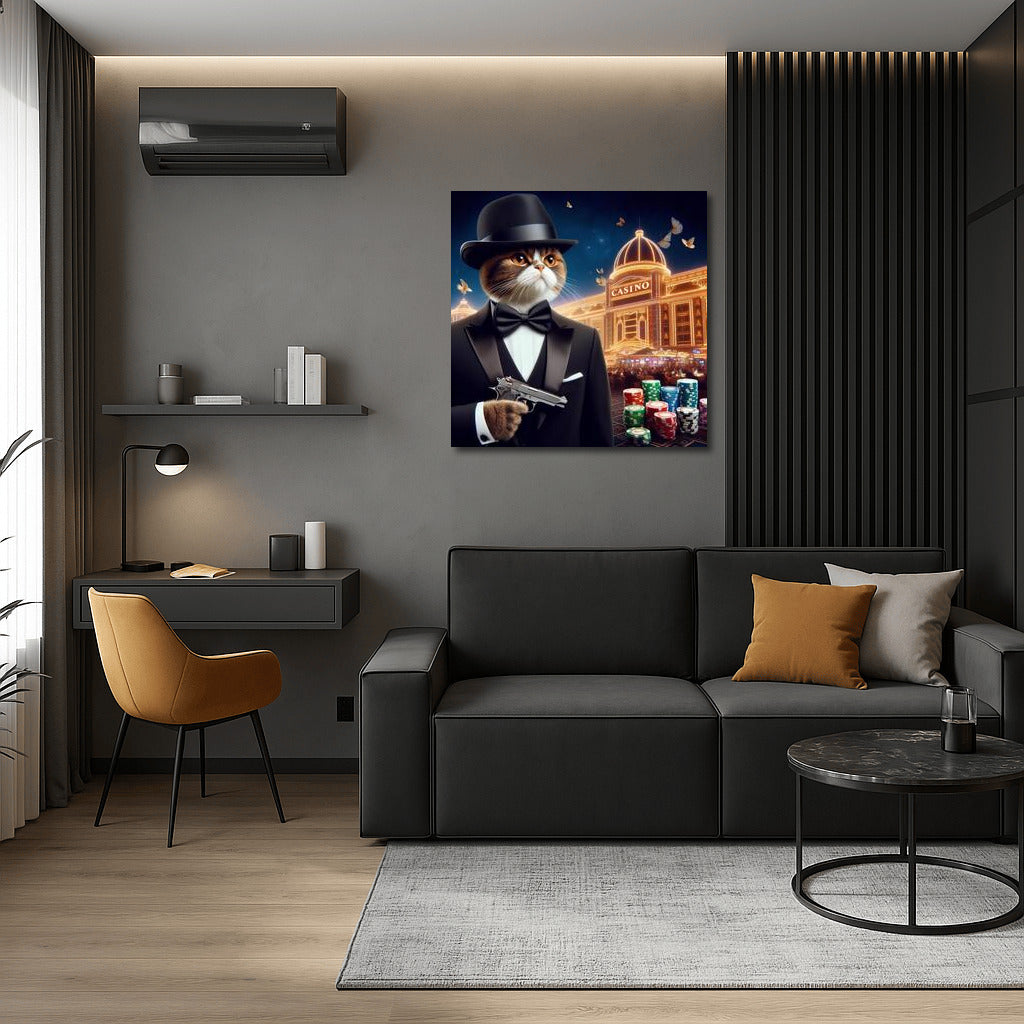 Bengal James Bond: Cat in a Tuxedo with a Gun in a Casino Backdrop