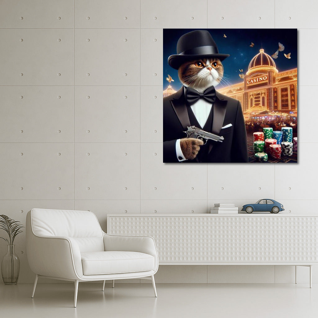 Bengal James Bond: Cat in a Tuxedo with a Gun in a Casino Backdrop