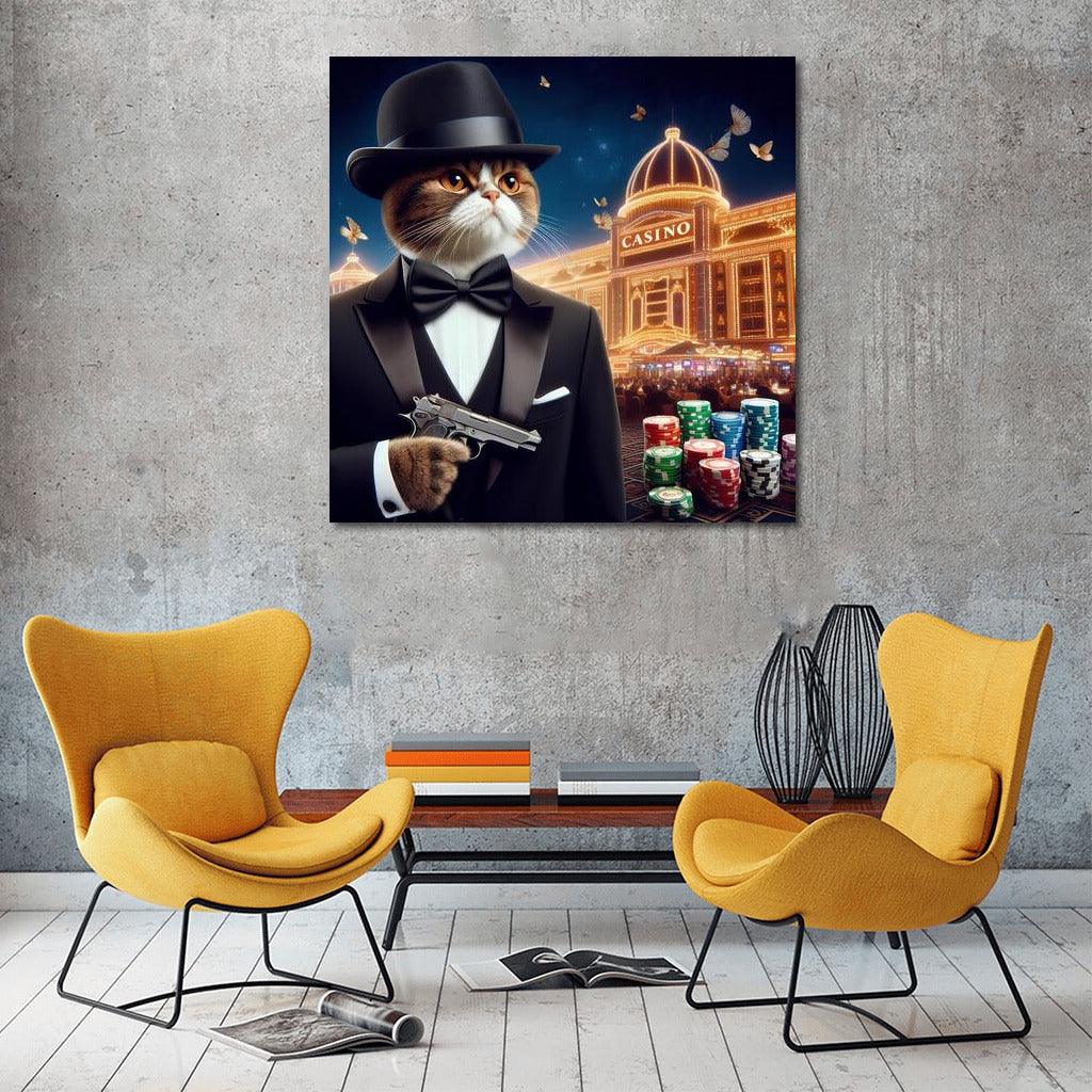 Bengal James Bond: Cat in a Tuxedo with a Gun in a Casino Backdrop