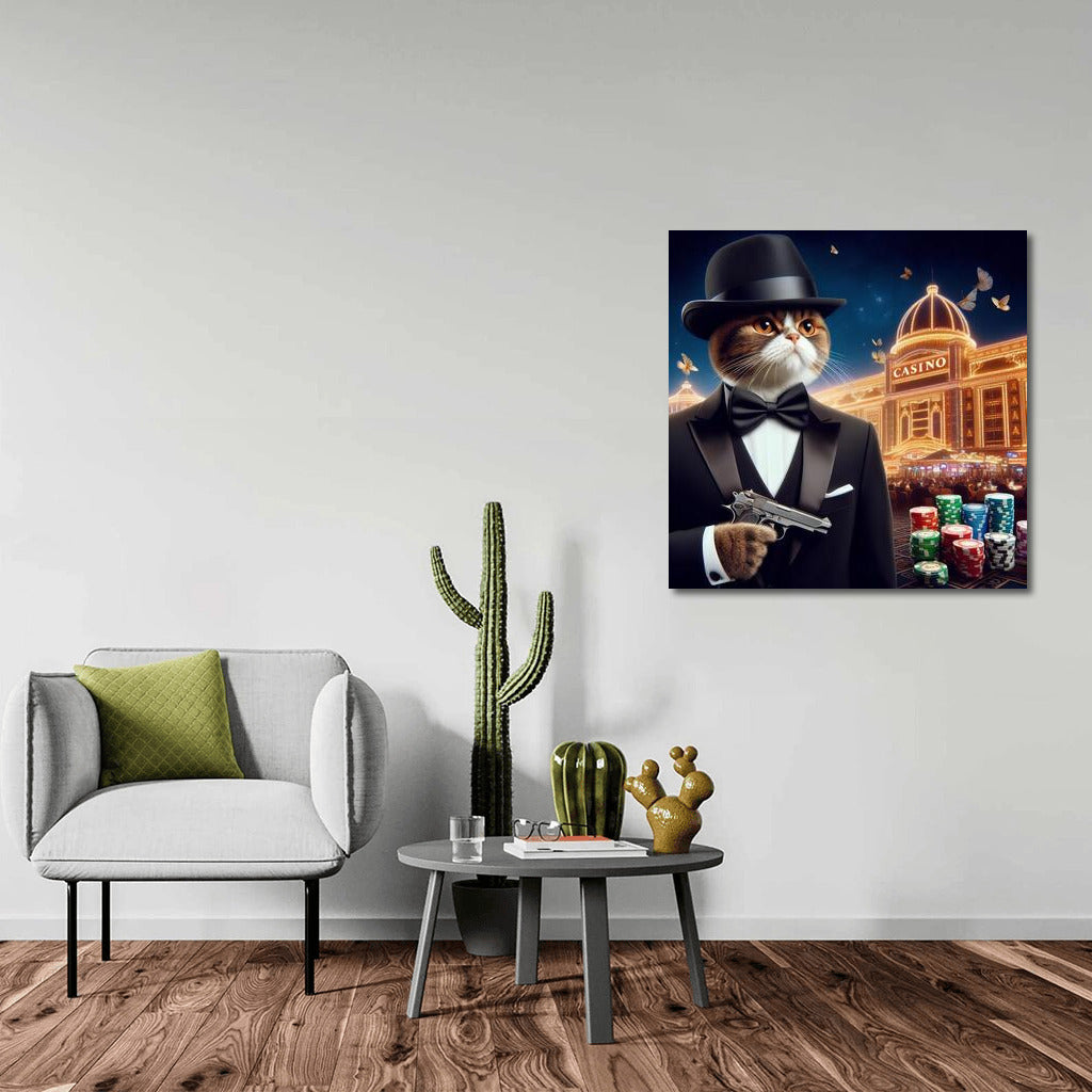 Bengal James Bond: Cat in a Tuxedo with a Gun in a Casino Backdrop