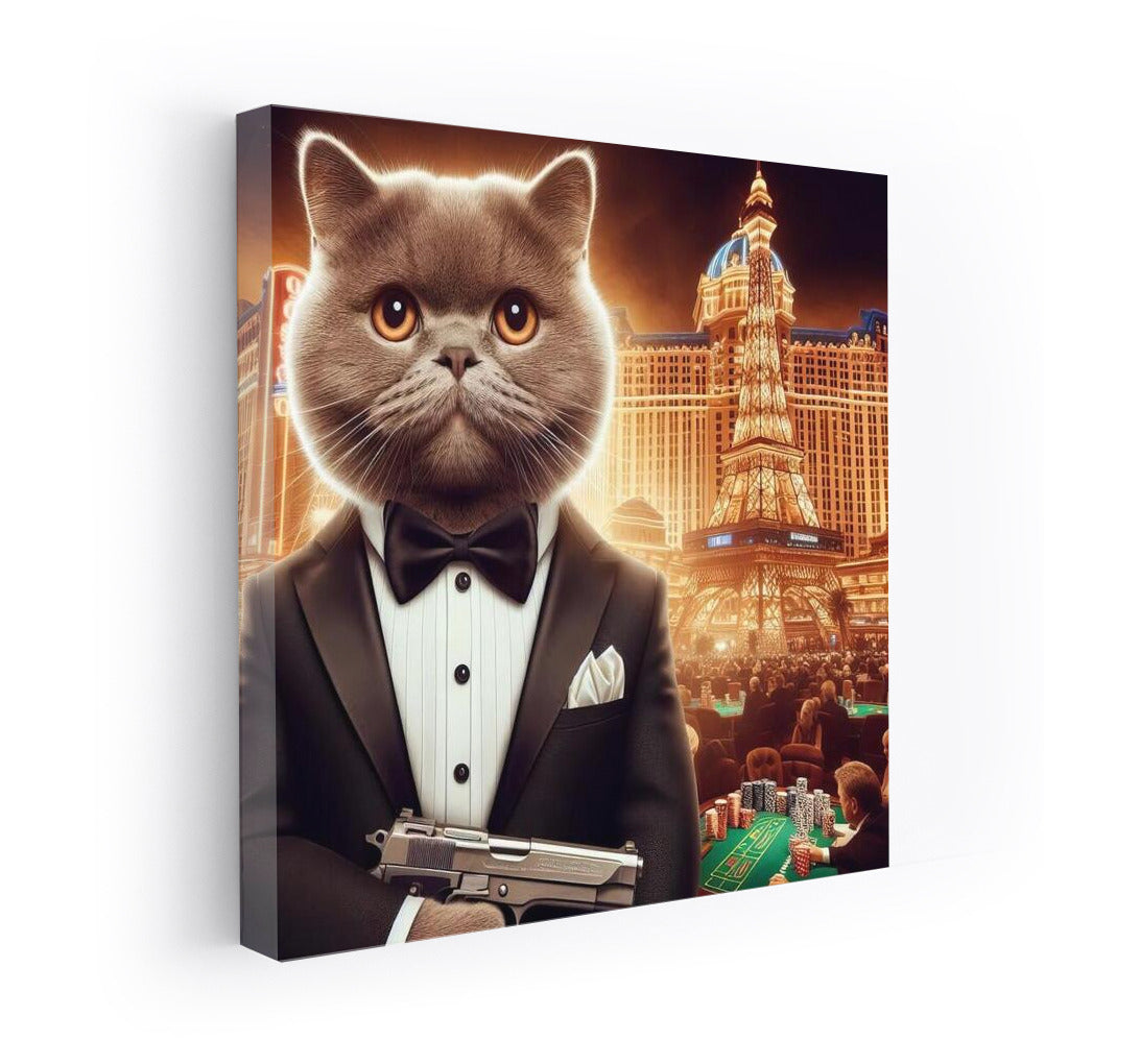 Bengal Agent 007: Cat in Tuxedo with Gun on Casino Backdrop