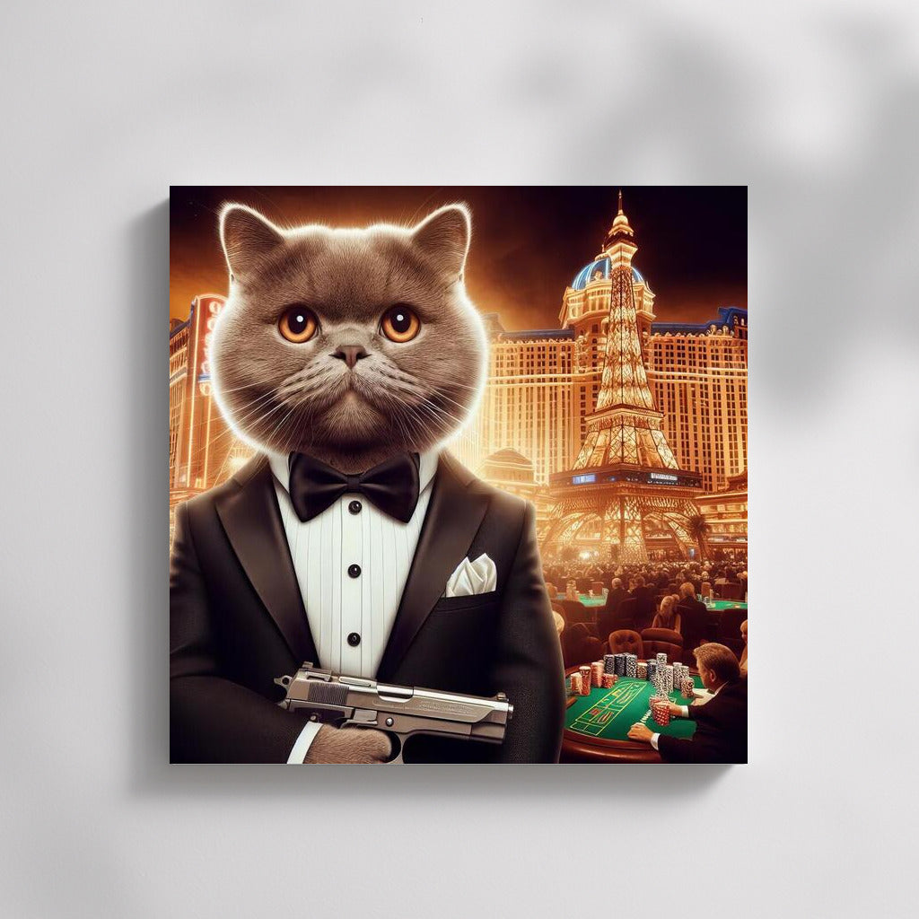 Bengal Agent 007: Cat in Tuxedo with Gun on Casino Backdrop