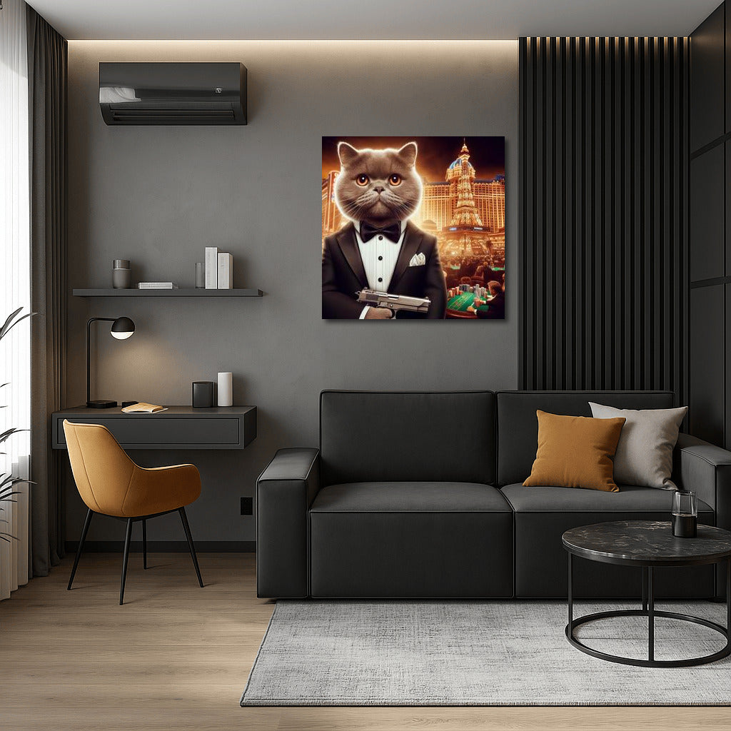 Bengal Agent 007: Cat in Tuxedo with Gun on Casino Backdrop