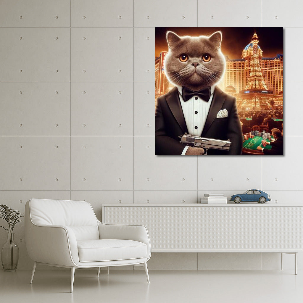 Bengal Agent 007: Cat in Tuxedo with Gun on Casino Backdrop