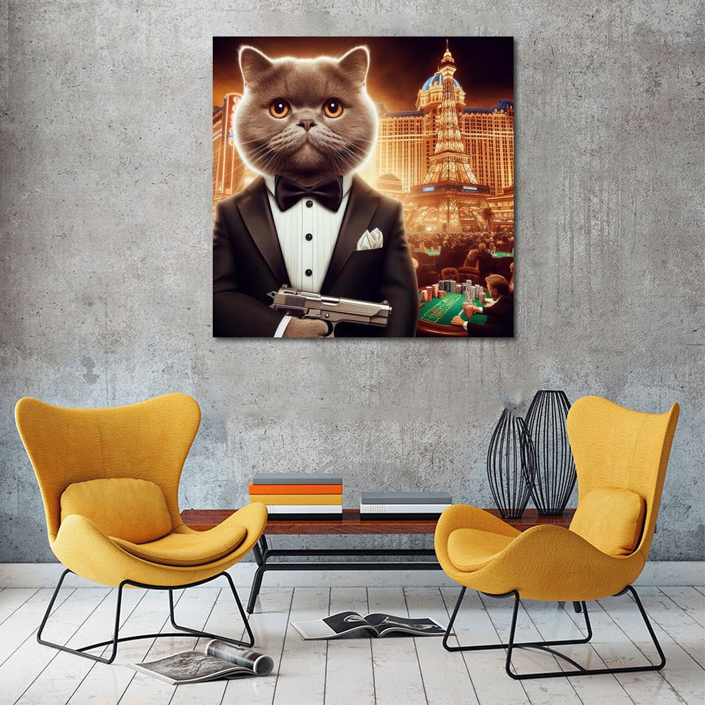Bengal Agent 007: Cat in Tuxedo with Gun on Casino Backdrop