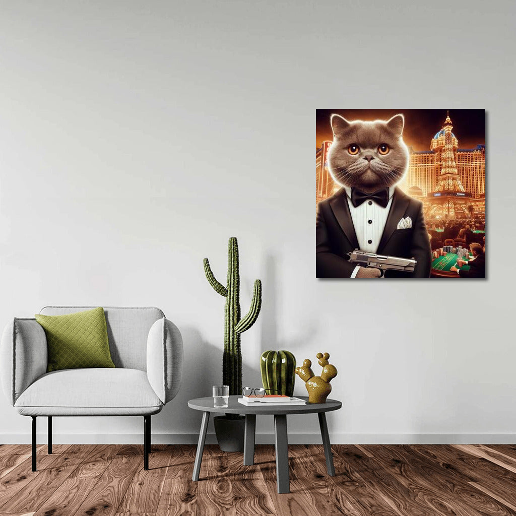 Bengal Agent 007: Cat in Tuxedo with Gun on Casino Backdrop