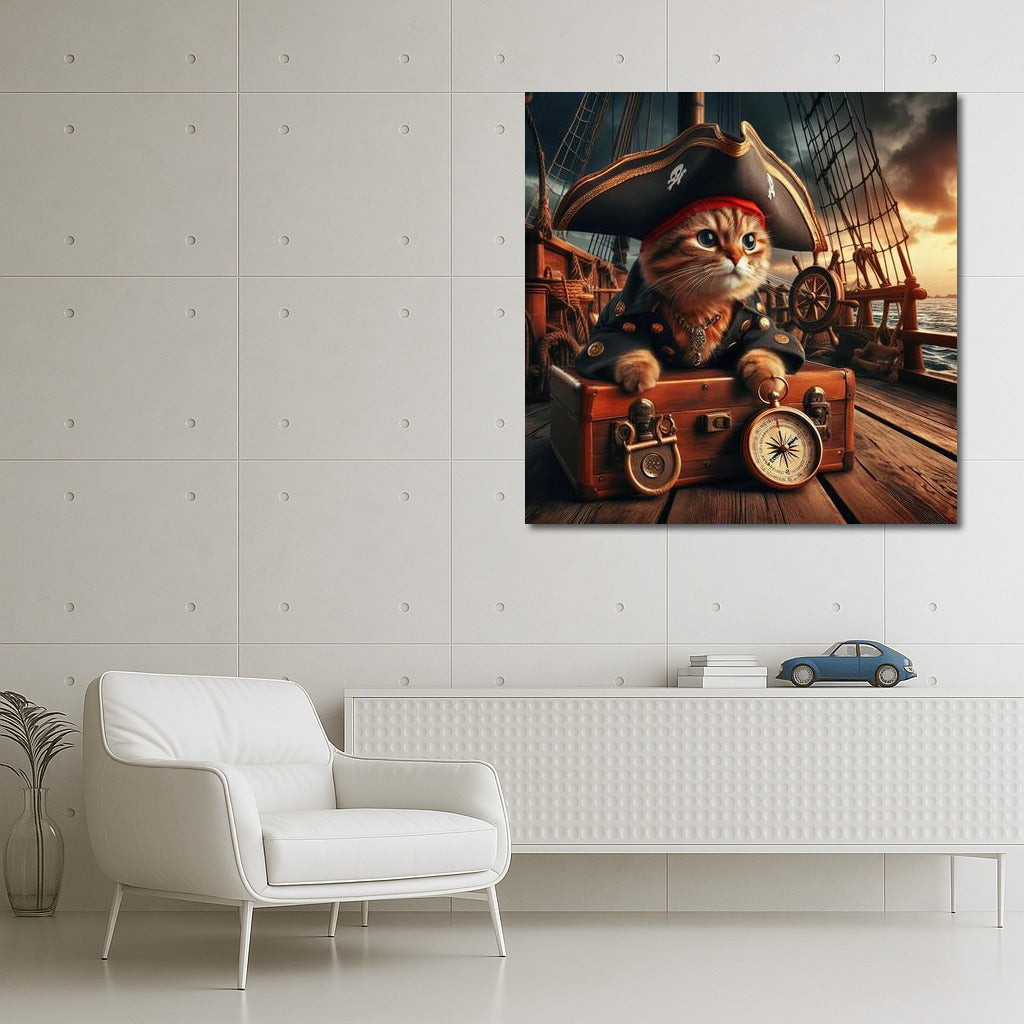 Bengal Pirate Cat with Compass on Ship Deck: Caribbean Pirate Adventures