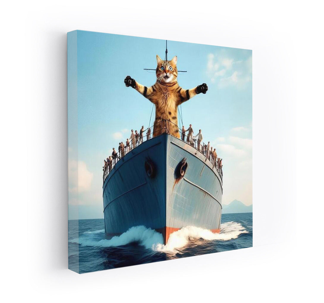 Bengal Cat on Titanic's Bow: Ironic Scene with Spread Paws