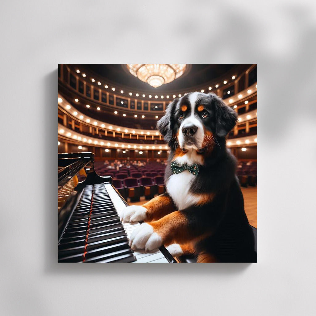 Bernese Mountain Dog at the Piano in a Concert Hall: A Musical Masterpiece