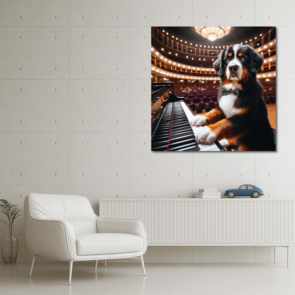 Bernese Mountain Dog at the Piano in a Concert Hall: A Musical Masterpiece