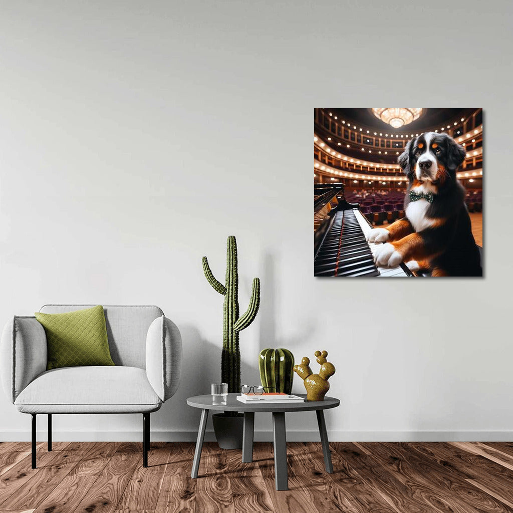 Bernese Mountain Dog at the Piano in a Concert Hall: A Musical Masterpiece