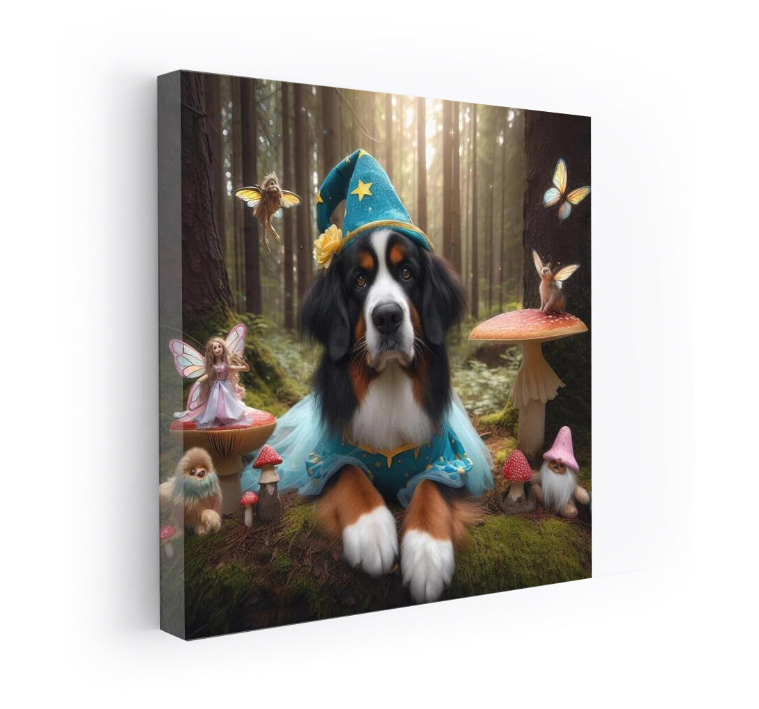 Bernese Mountain Dog in the Magical Forest: Fairytale Fairies and Mushrooms