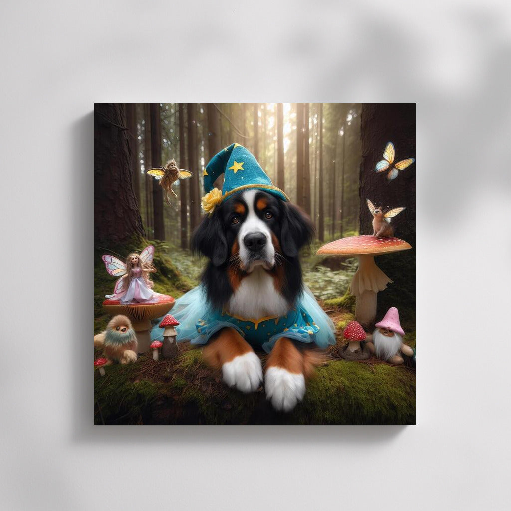 Bernese Mountain Dog in the Magical Forest: Fairytale Fairies and Mushrooms