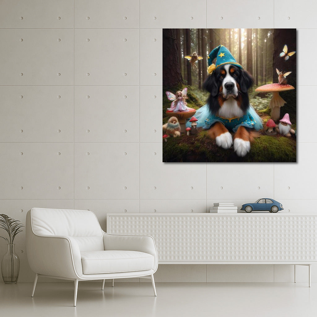 Bernese Mountain Dog in the Magical Forest: Fairytale Fairies and Mushrooms