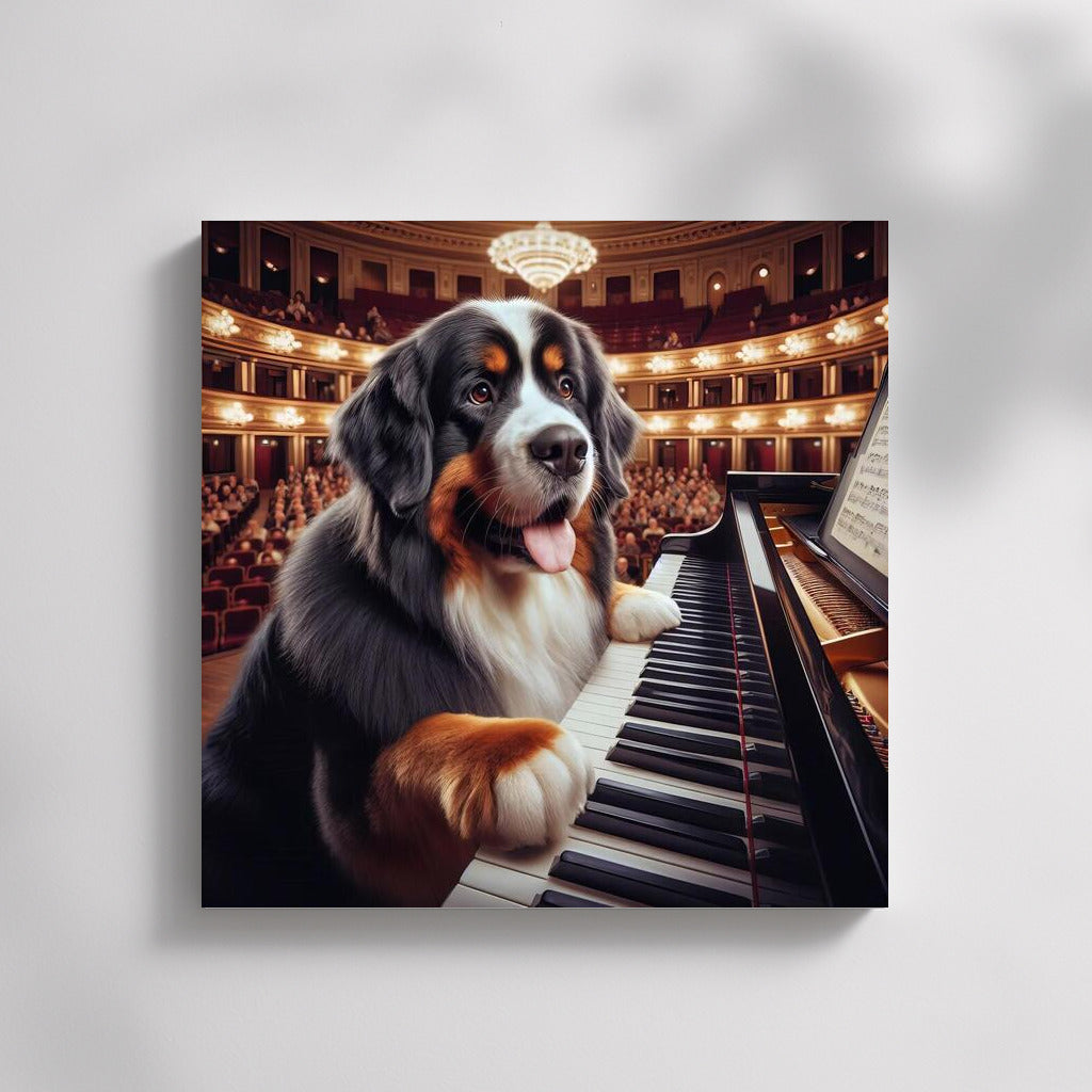 Bernese Mountain Dog: Virtuoso on the piano in the concert hall