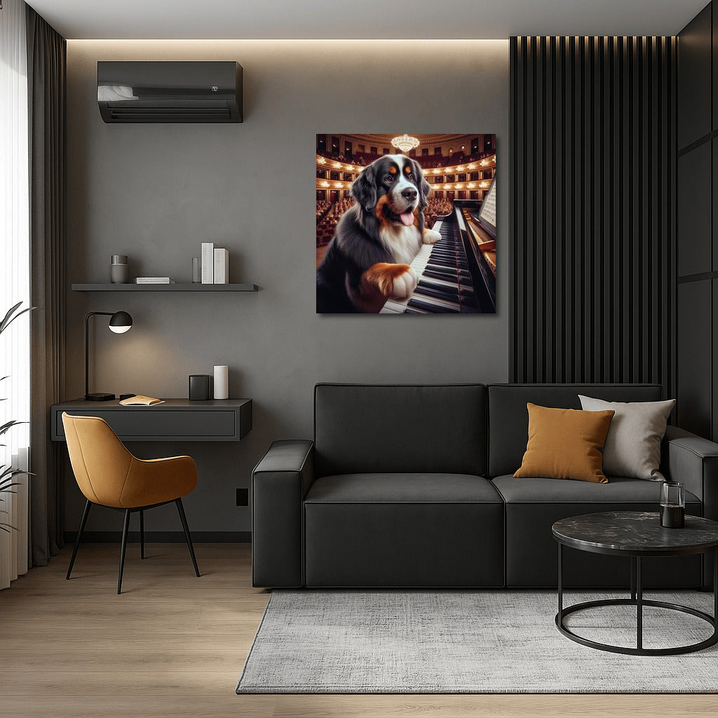Bernese Mountain Dog: Virtuoso on the piano in the concert hall