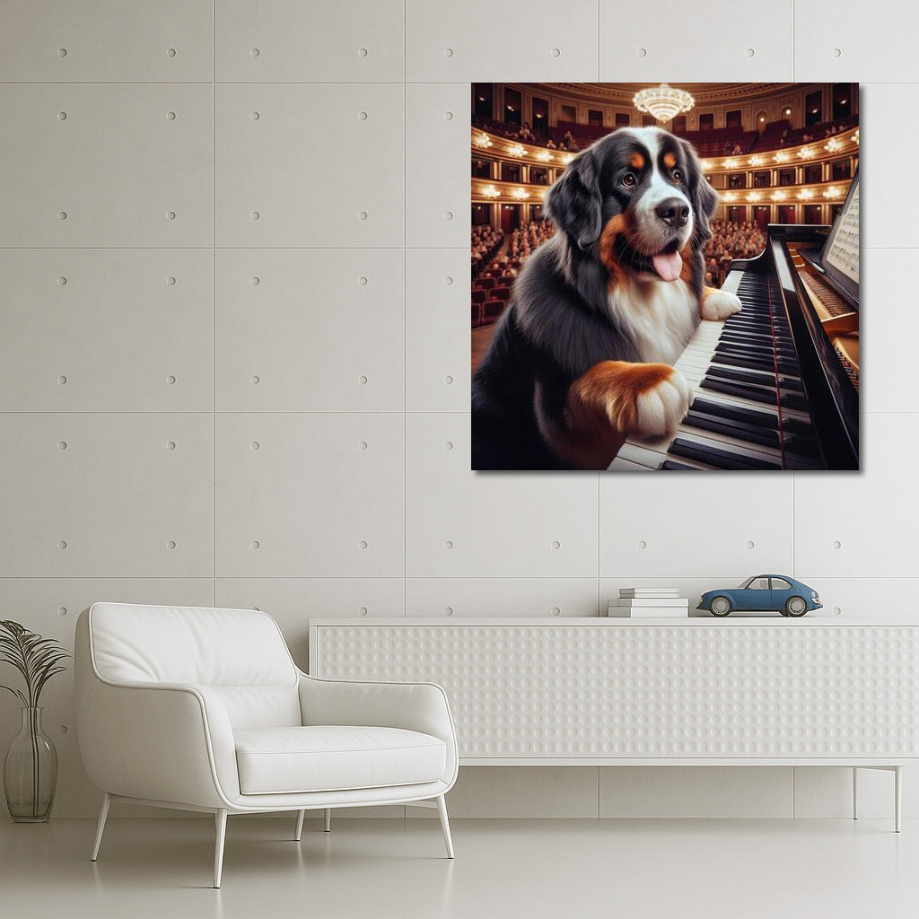 Bernese Mountain Dog: Virtuoso on the piano in the concert hall