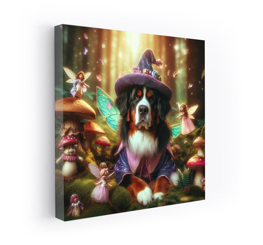 Bernese Mountain Dog in the Magical Forest: Fairytale Fairies and Mushrooms