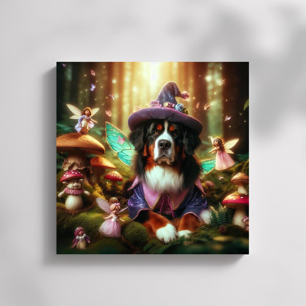 Bernese Mountain Dog in the Magical Forest: Fairytale Fairies and Mushrooms