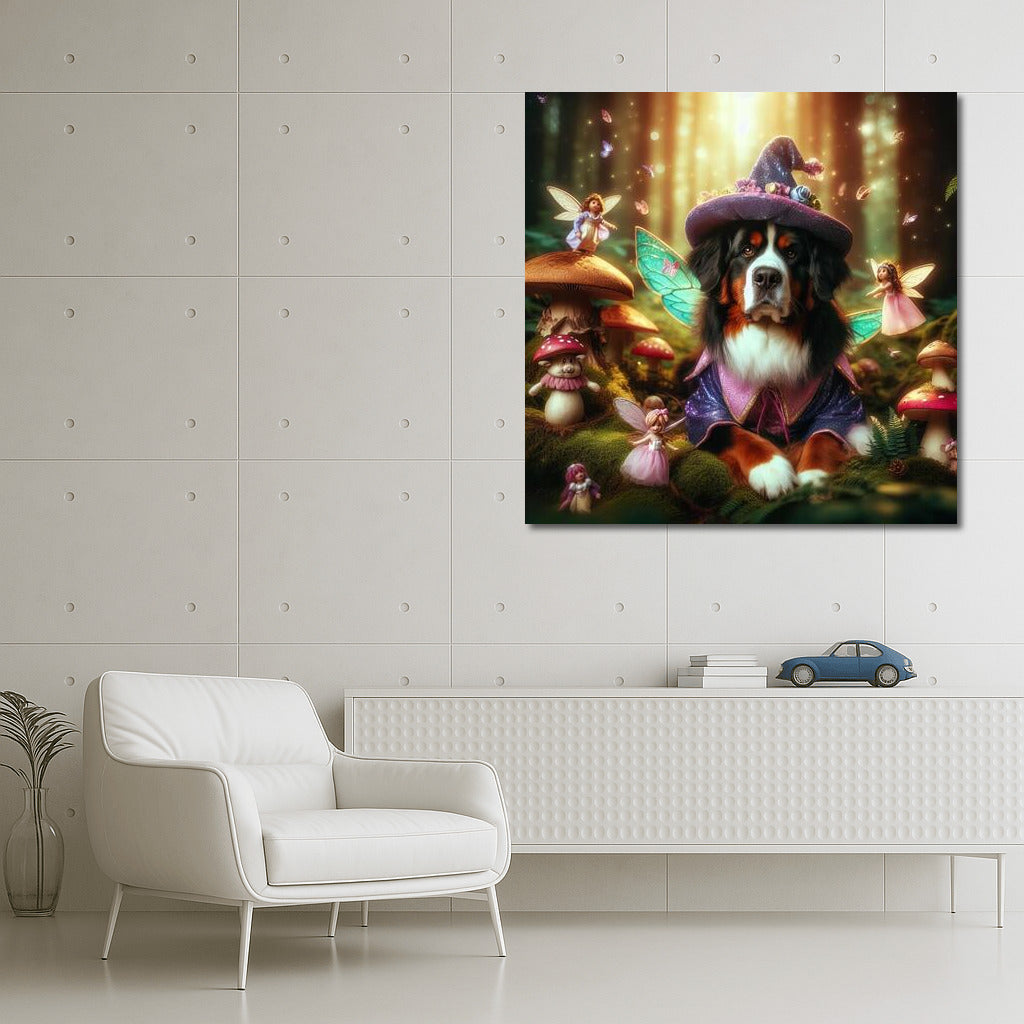 Bernese Mountain Dog in the Magical Forest: Fairytale Fairies and Mushrooms