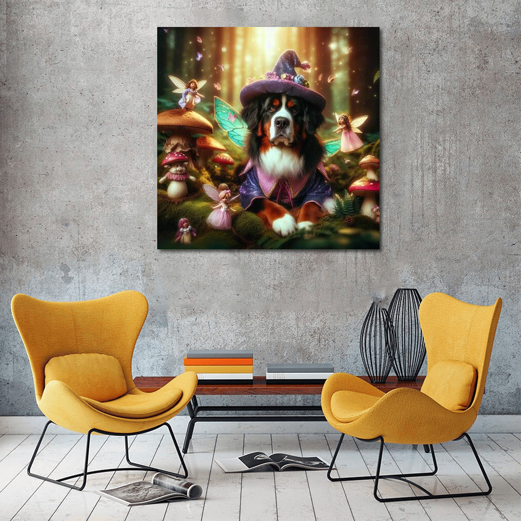 Bernese Mountain Dog in the Magical Forest: Fairytale Fairies and Mushrooms