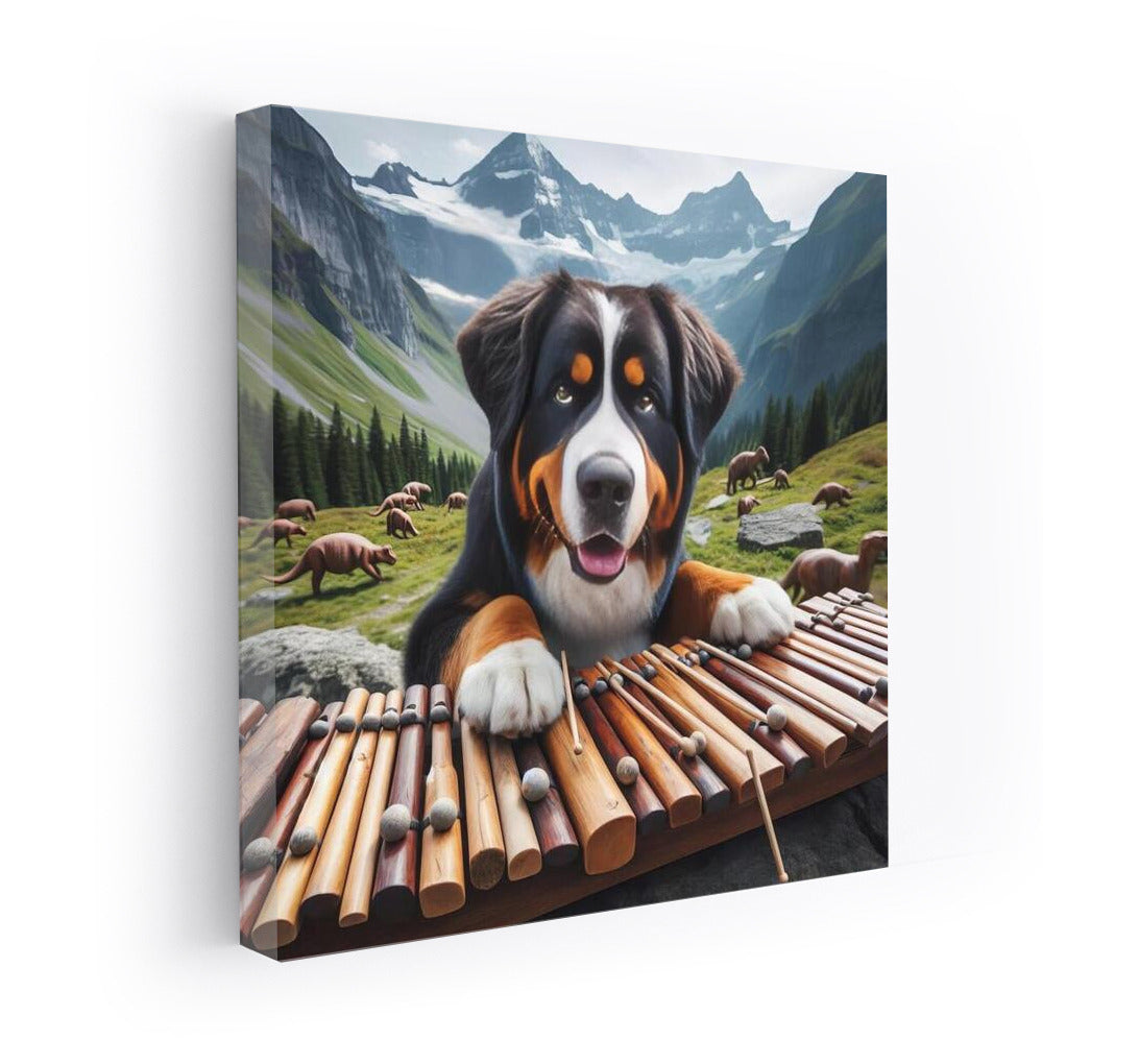 Bernese Mountain Dog and Dinosaur Xylophone: A Surreal Symphony