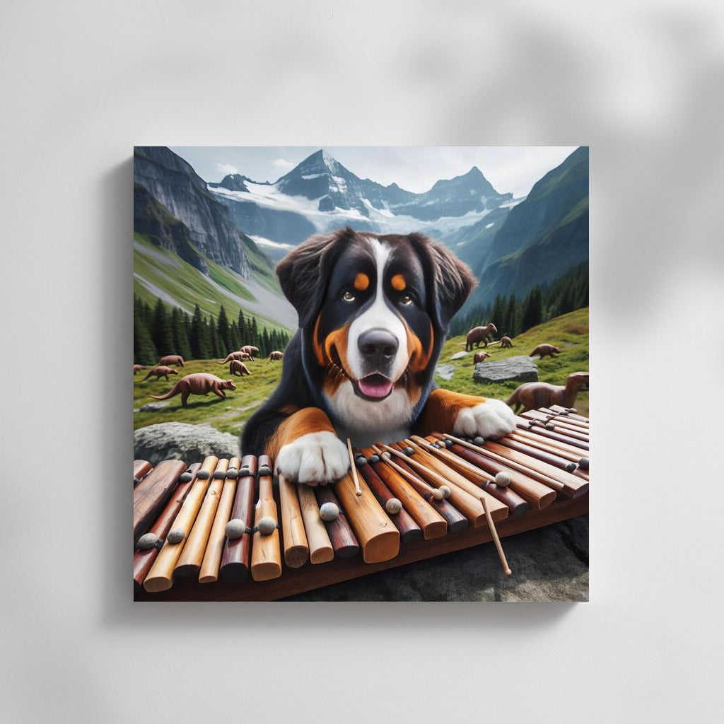 Bernese Mountain Dog and Dinosaur Xylophone: A Surreal Symphony