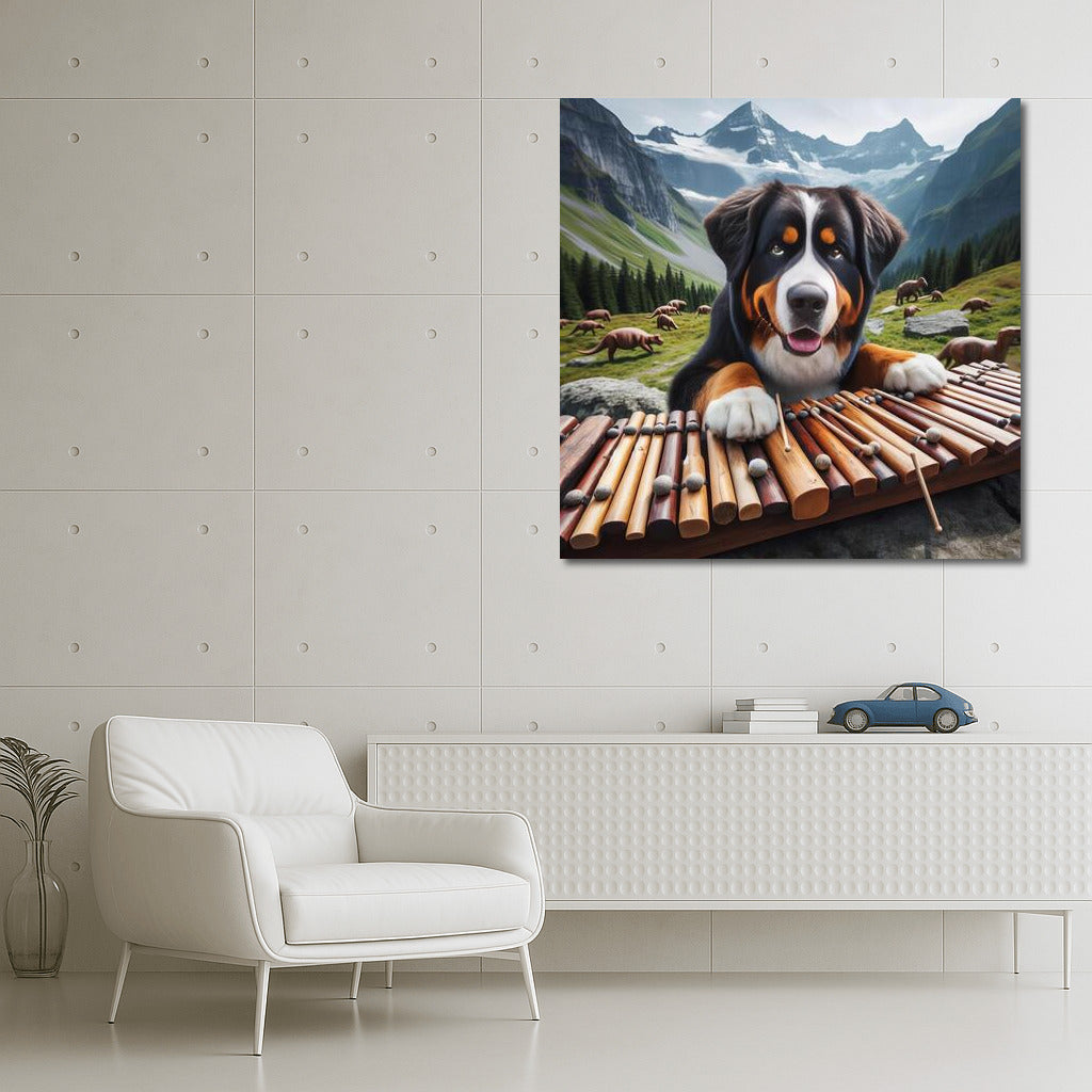 Bernese Mountain Dog and Dinosaur Xylophone: A Surreal Symphony