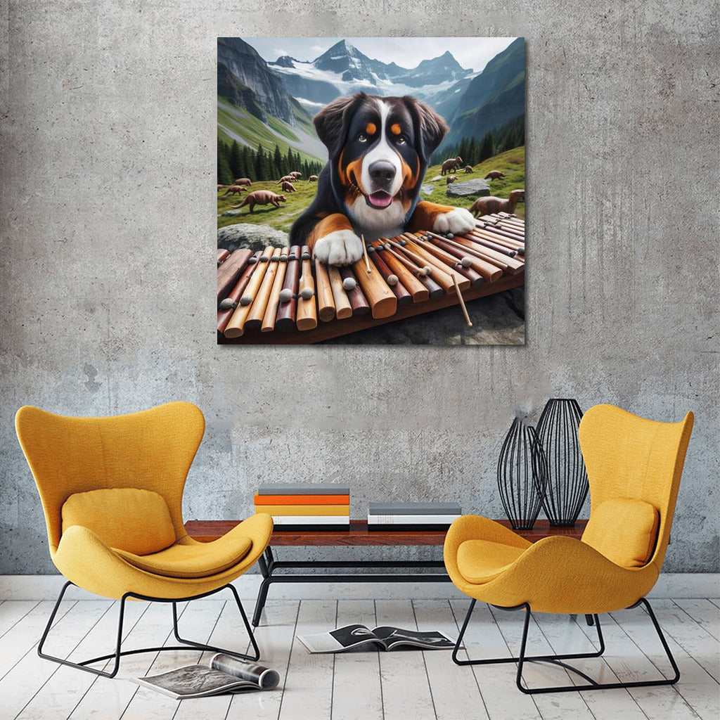 Bernese Mountain Dog and Dinosaur Xylophone: A Surreal Symphony