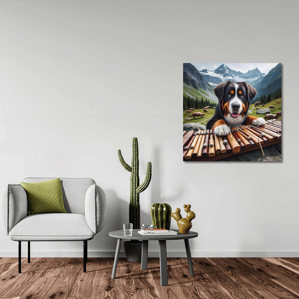 Bernese Mountain Dog and Dinosaur Xylophone: A Surreal Symphony