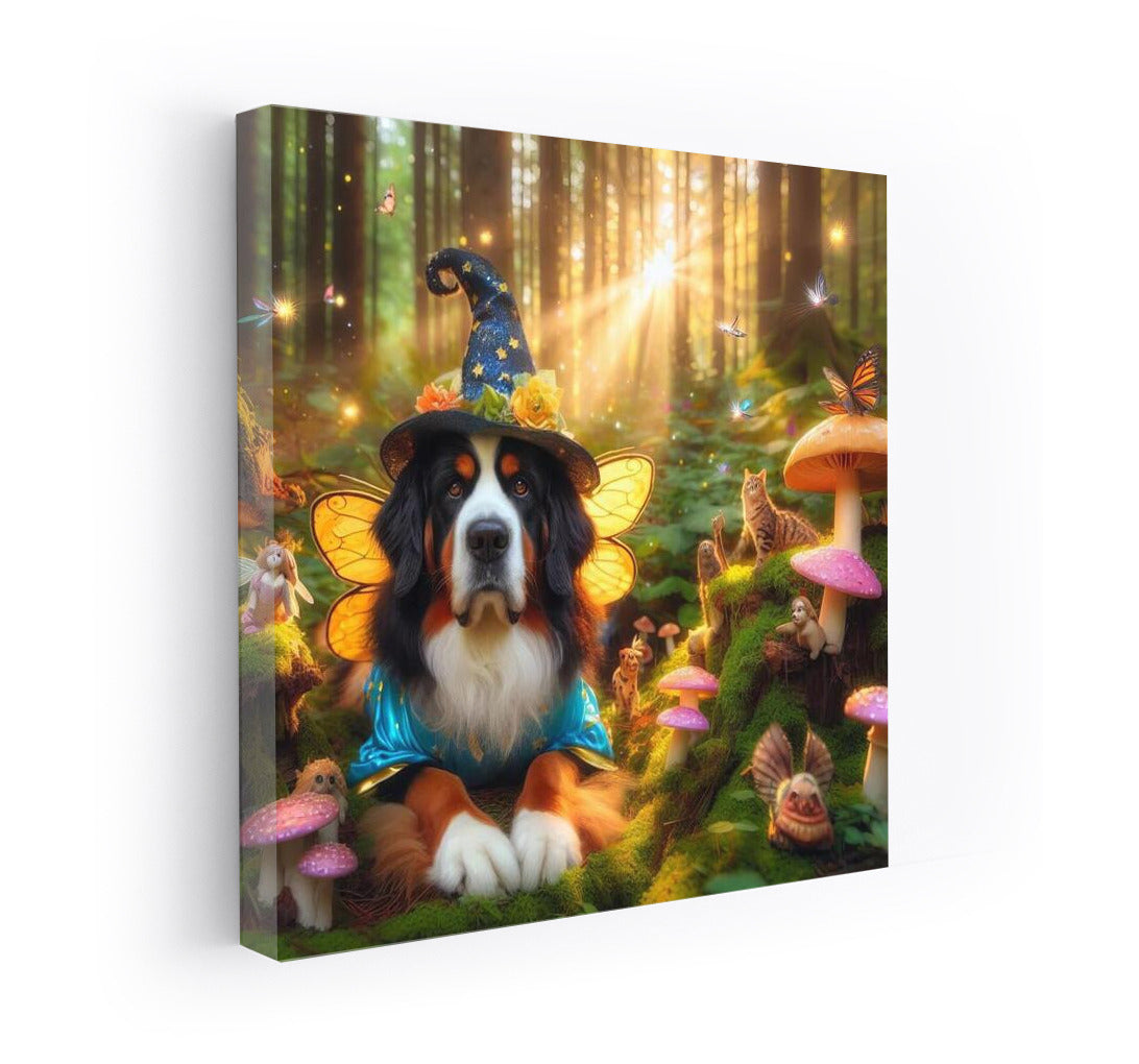 Bernese Mountain Dog in the Magical Forest: Fairytale Fairies and Mushrooms