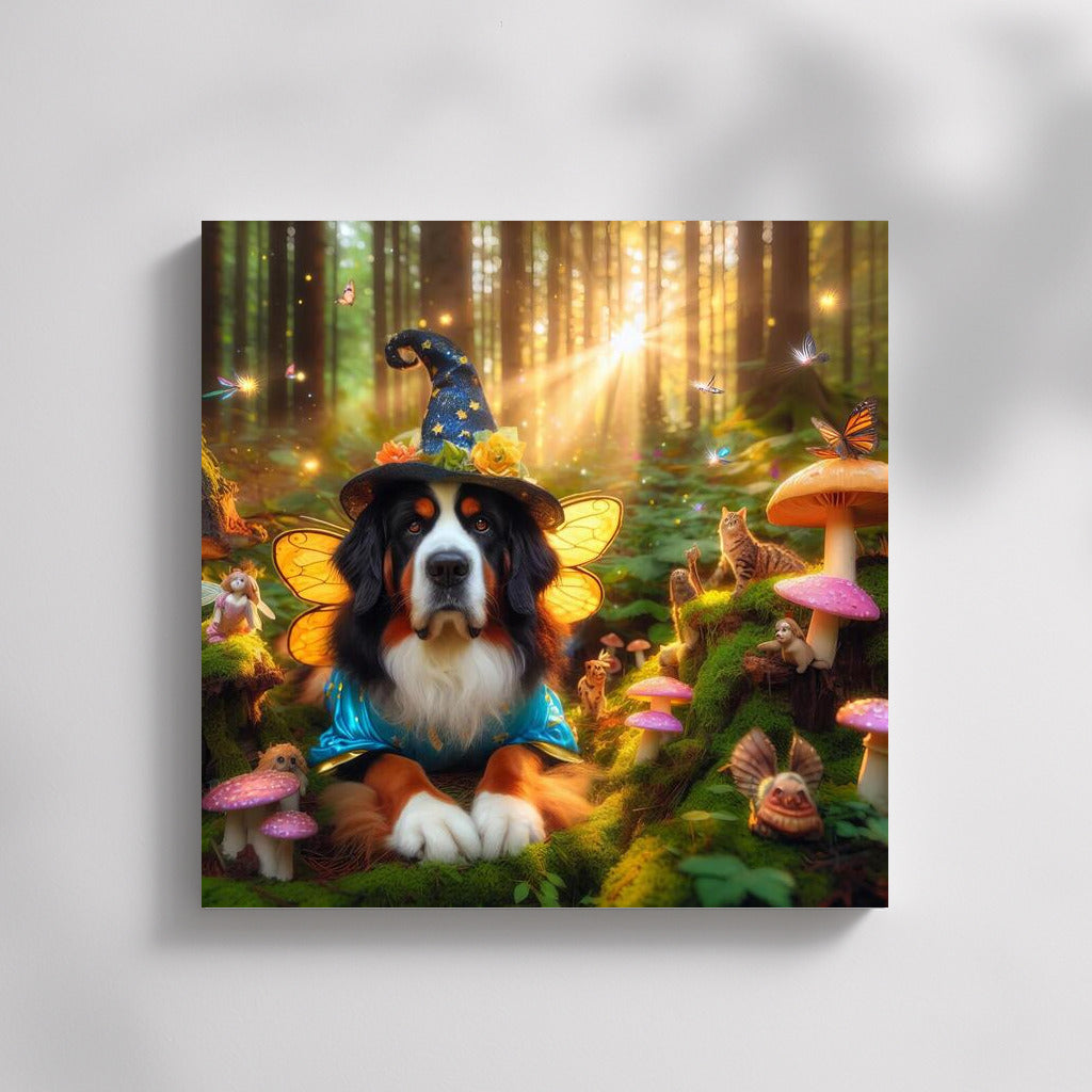 Bernese Mountain Dog in the Magical Forest: Fairytale Fairies and Mushrooms