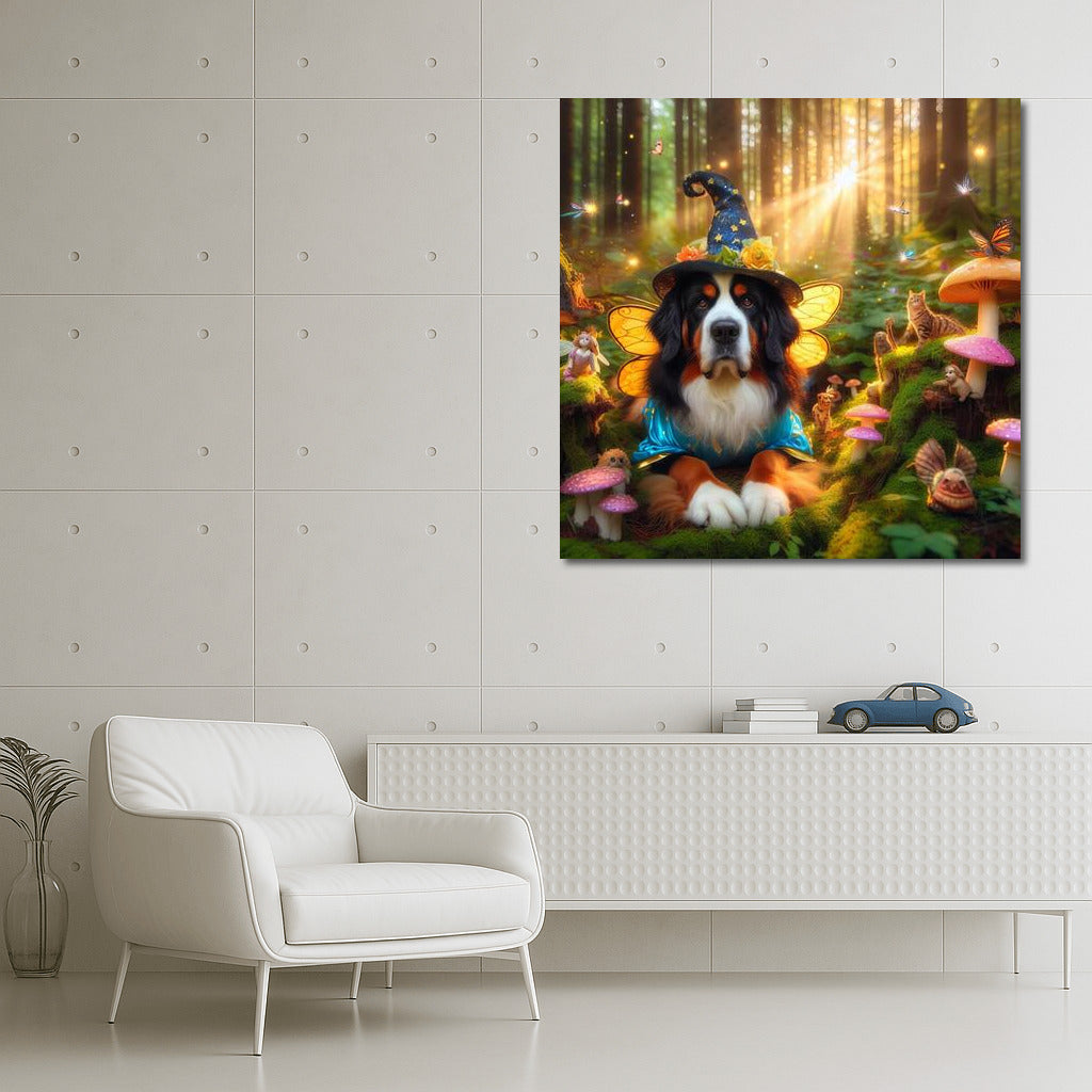 Bernese Mountain Dog in the Magical Forest: Fairytale Fairies and Mushrooms