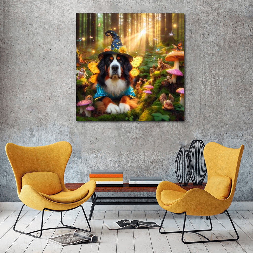 Bernese Mountain Dog in the Magical Forest: Fairytale Fairies and Mushrooms