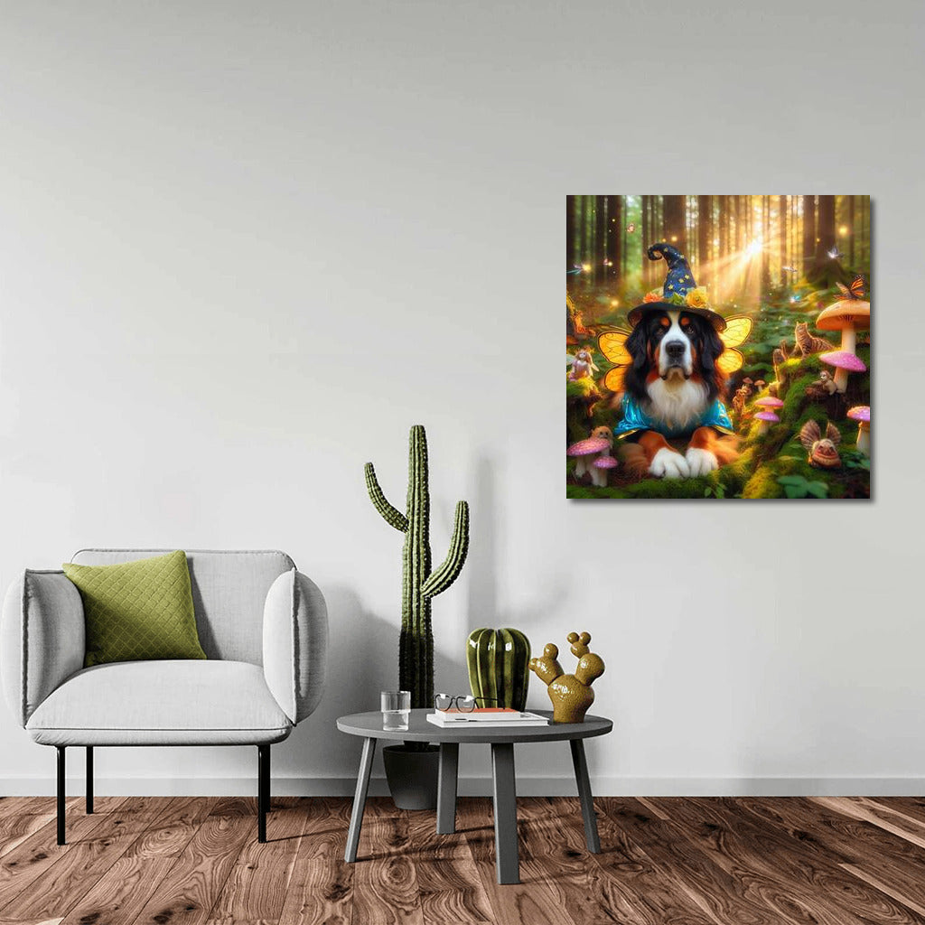 Bernese Mountain Dog in the Magical Forest: Fairytale Fairies and Mushrooms