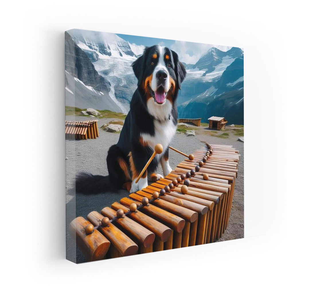 Bernese Mountain Dog and Dinosaur Bone Xylophone in the Mountains