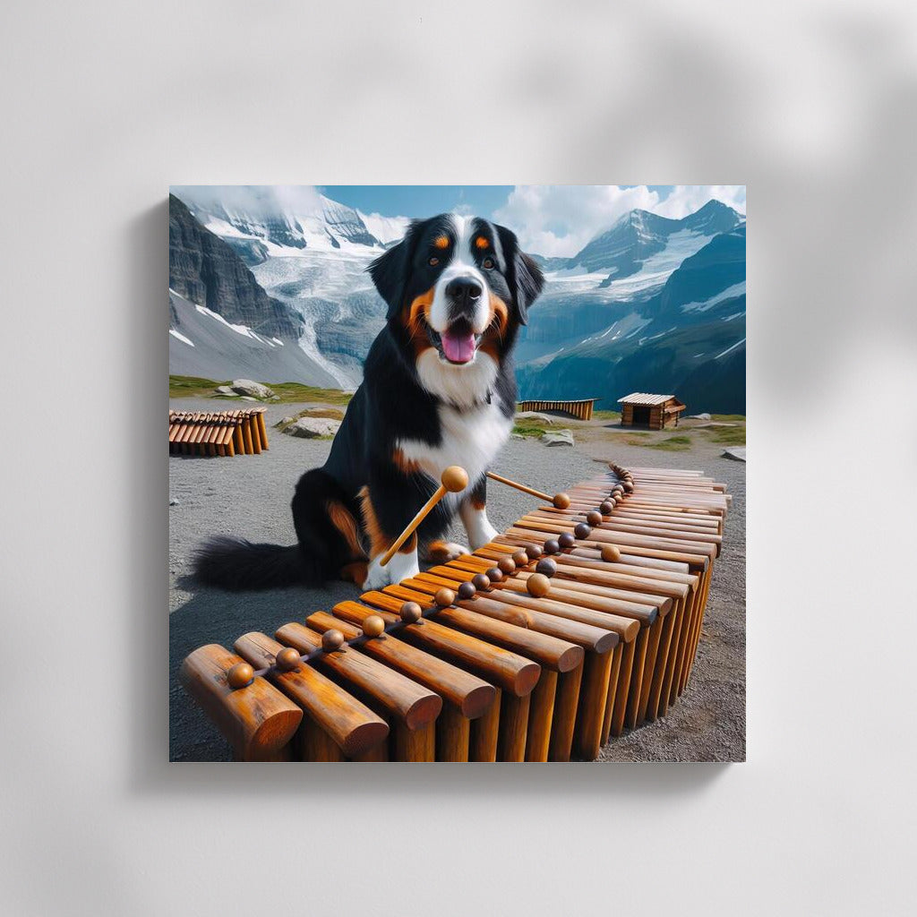 Bernese Mountain Dog and Dinosaur Bone Xylophone in the Mountains