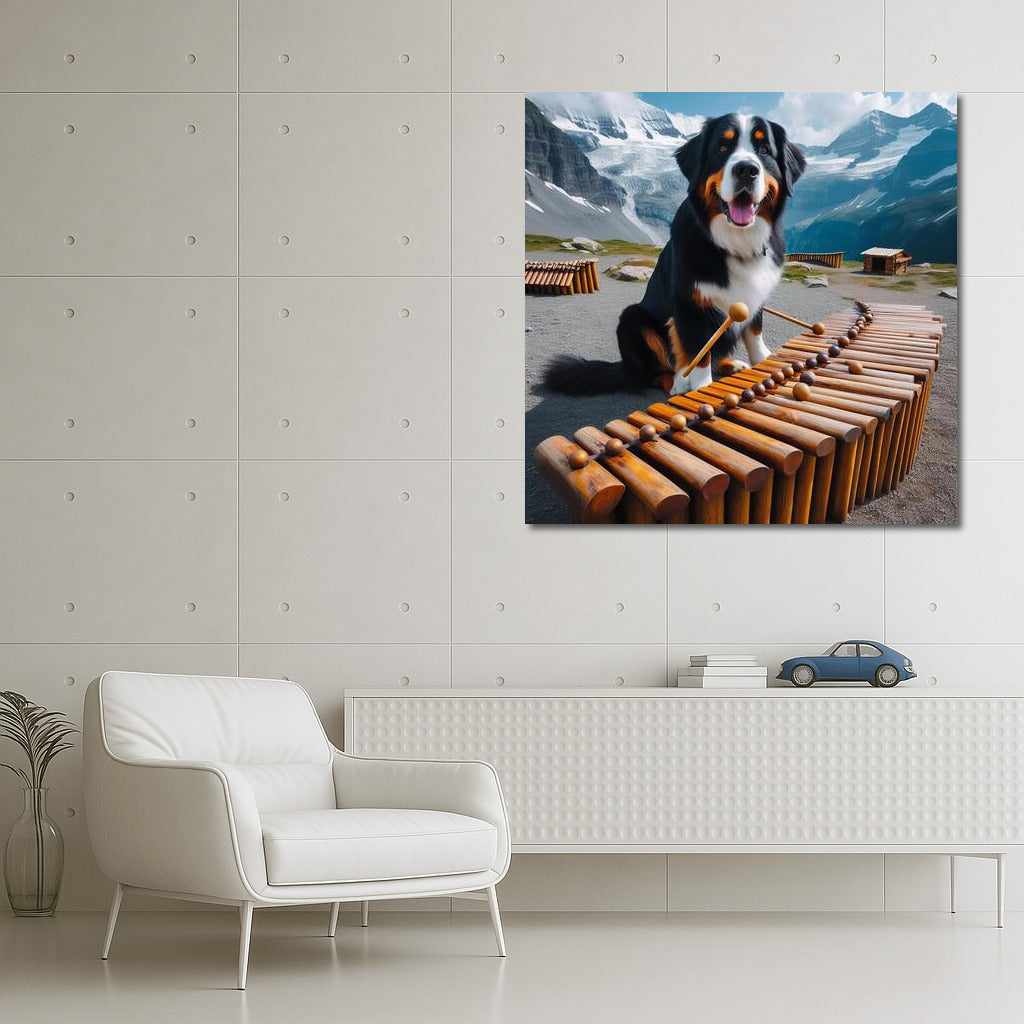 Bernese Mountain Dog and Dinosaur Bone Xylophone in the Mountains