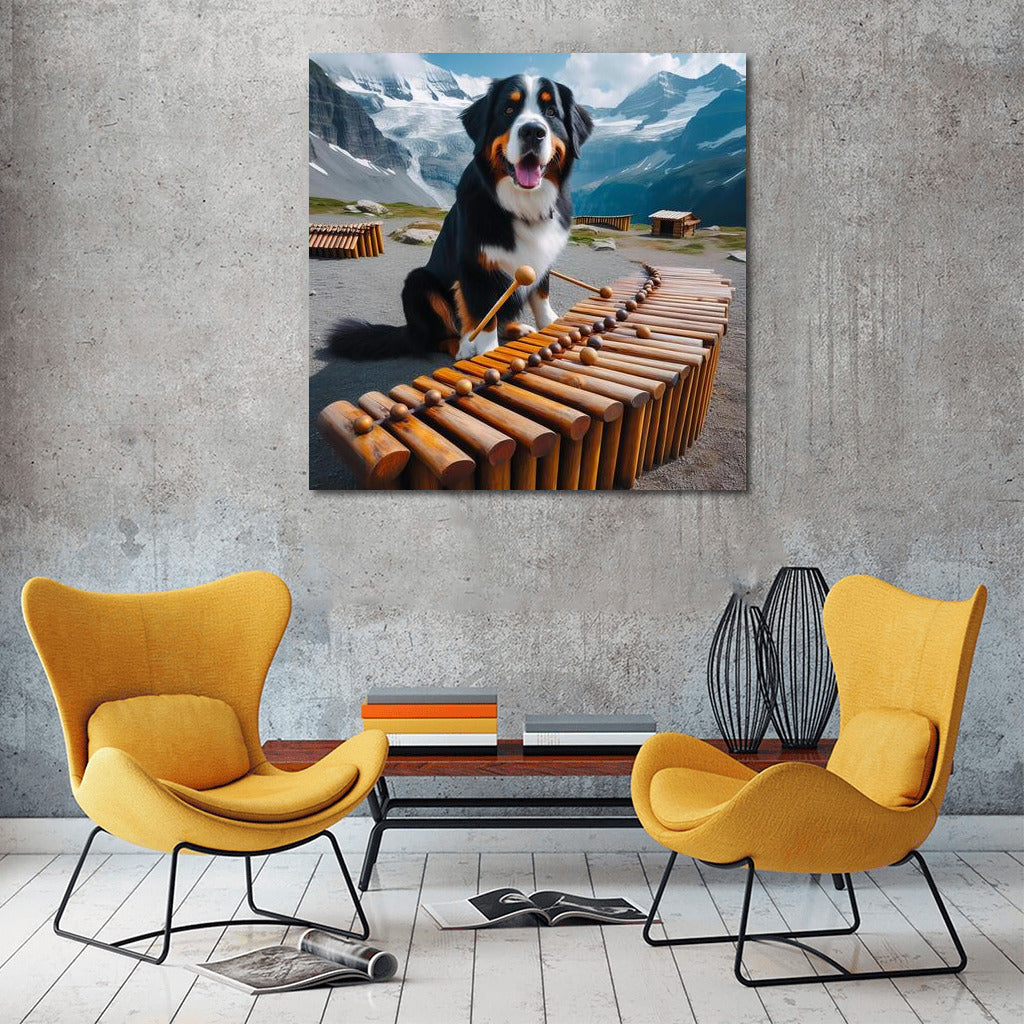 Bernese Mountain Dog and Dinosaur Bone Xylophone in the Mountains