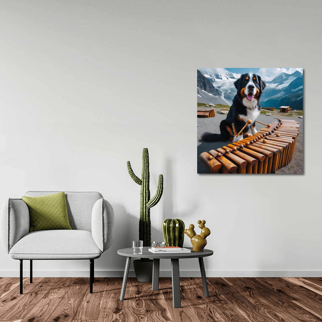 Bernese Mountain Dog and Dinosaur Bone Xylophone in the Mountains