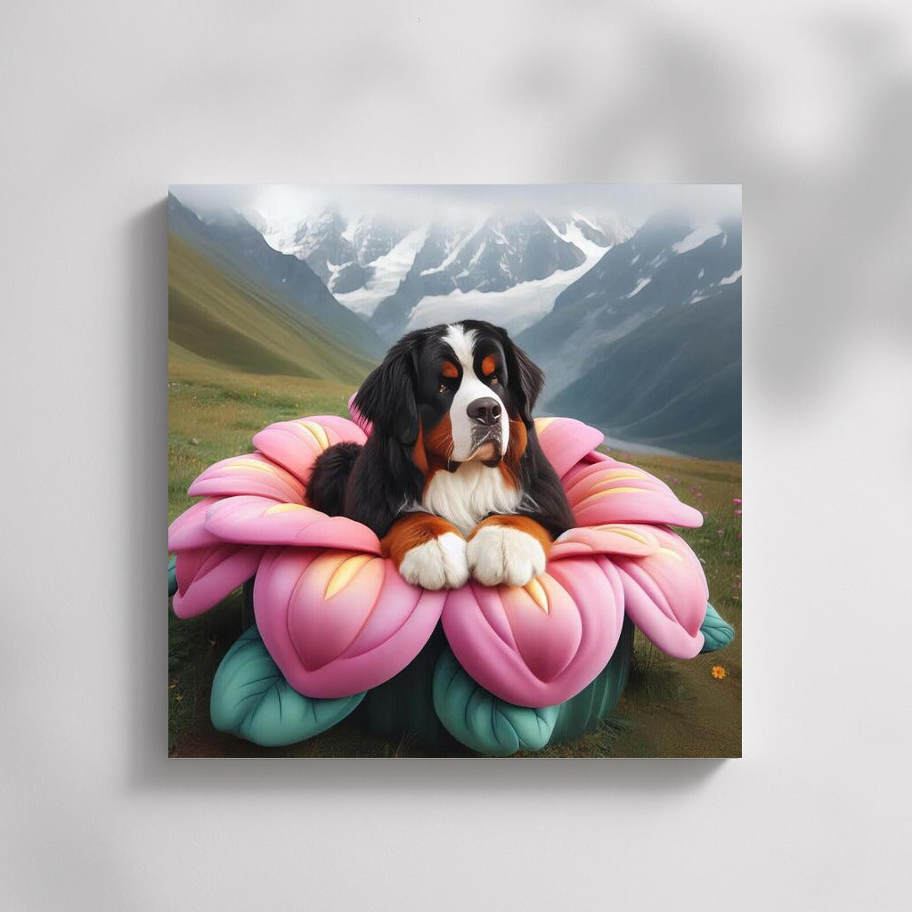 Bernese Mountain Dog on a Giant Flower: Journey Around the World