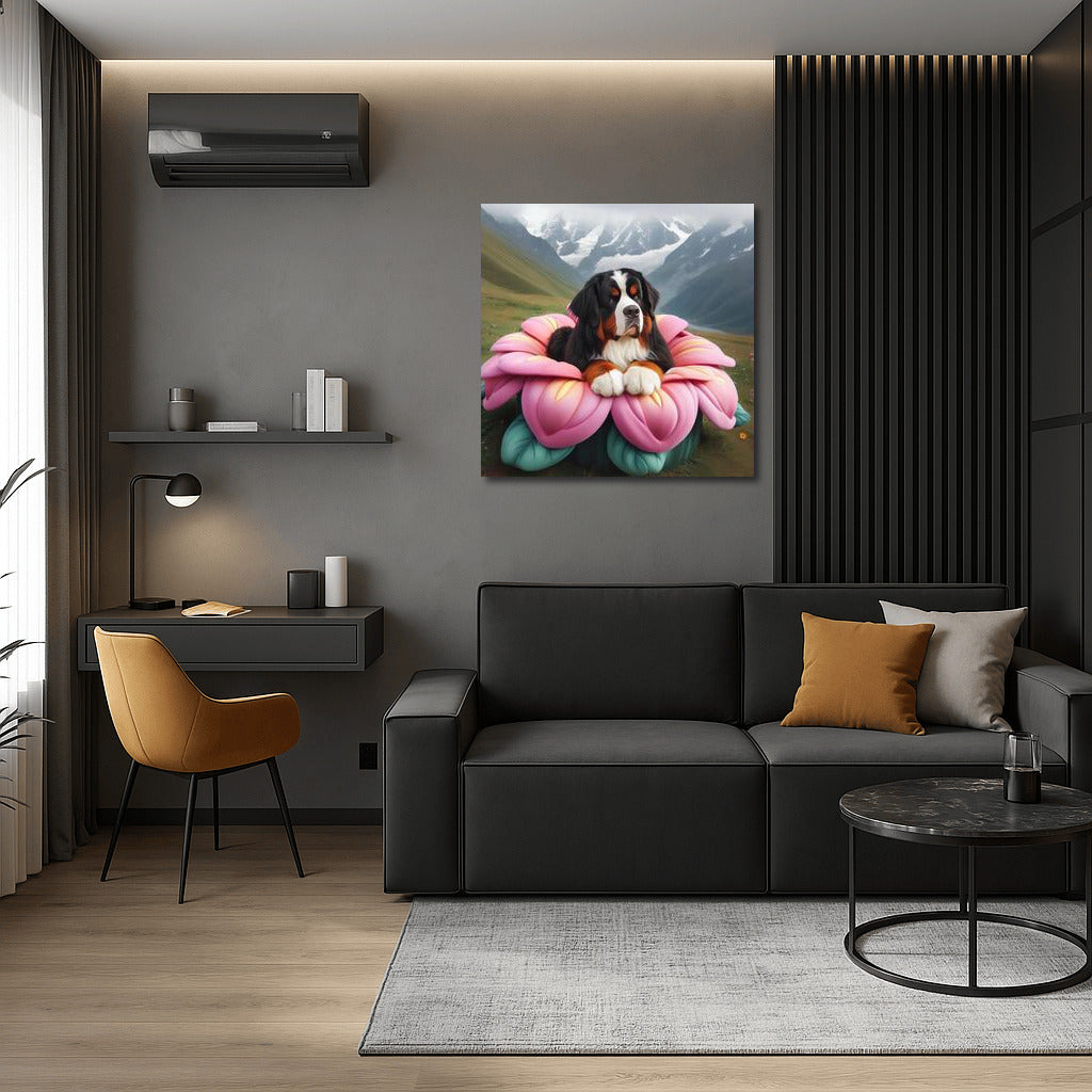 Bernese Mountain Dog on a Giant Flower: Journey Around the World