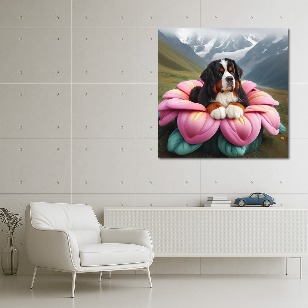 Bernese Mountain Dog on a Giant Flower: Journey Around the World