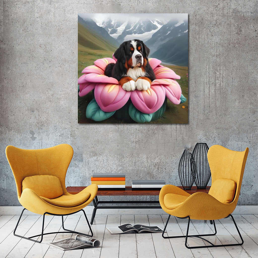 Bernese Mountain Dog on a Giant Flower: Journey Around the World