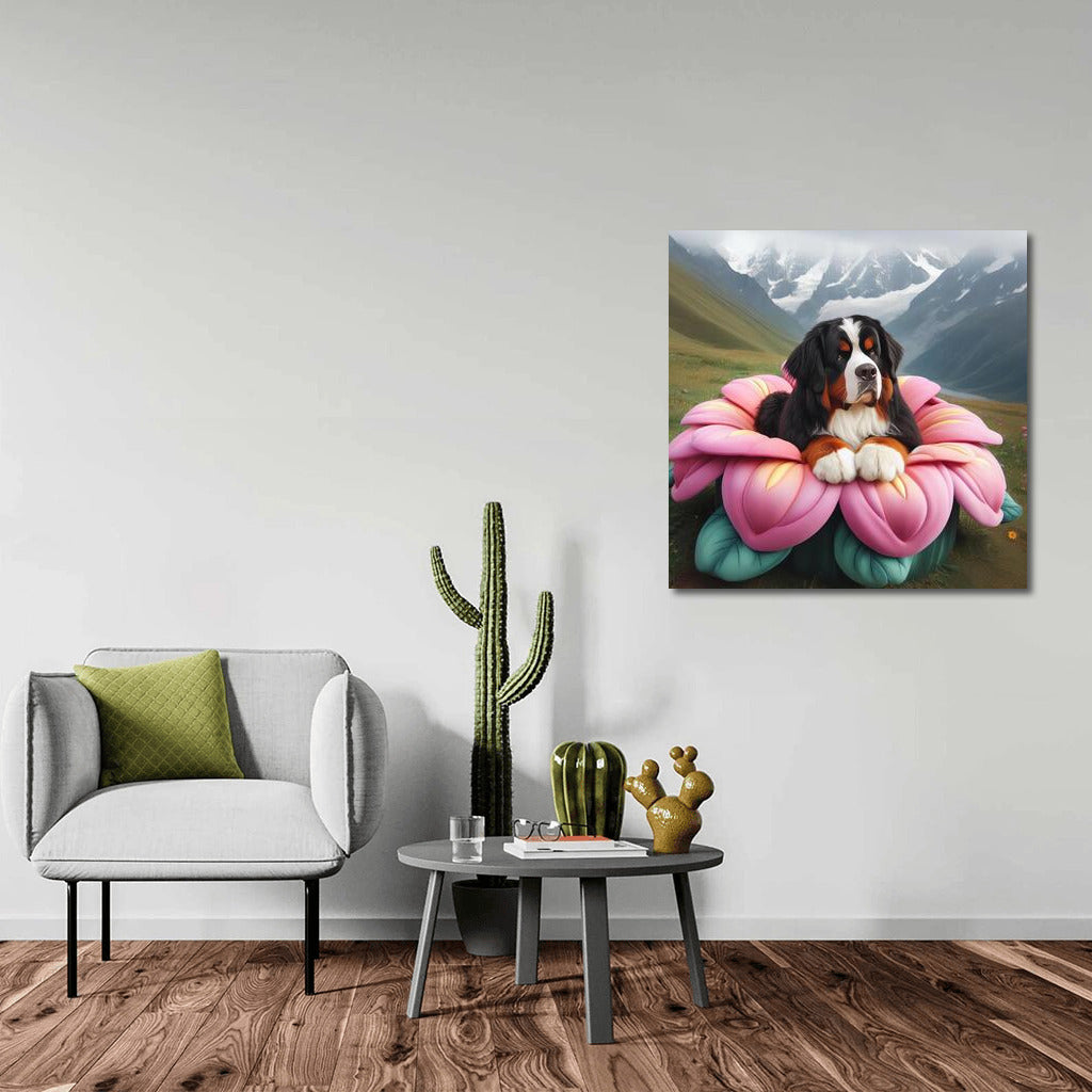 Bernese Mountain Dog on a Giant Flower: Journey Around the World